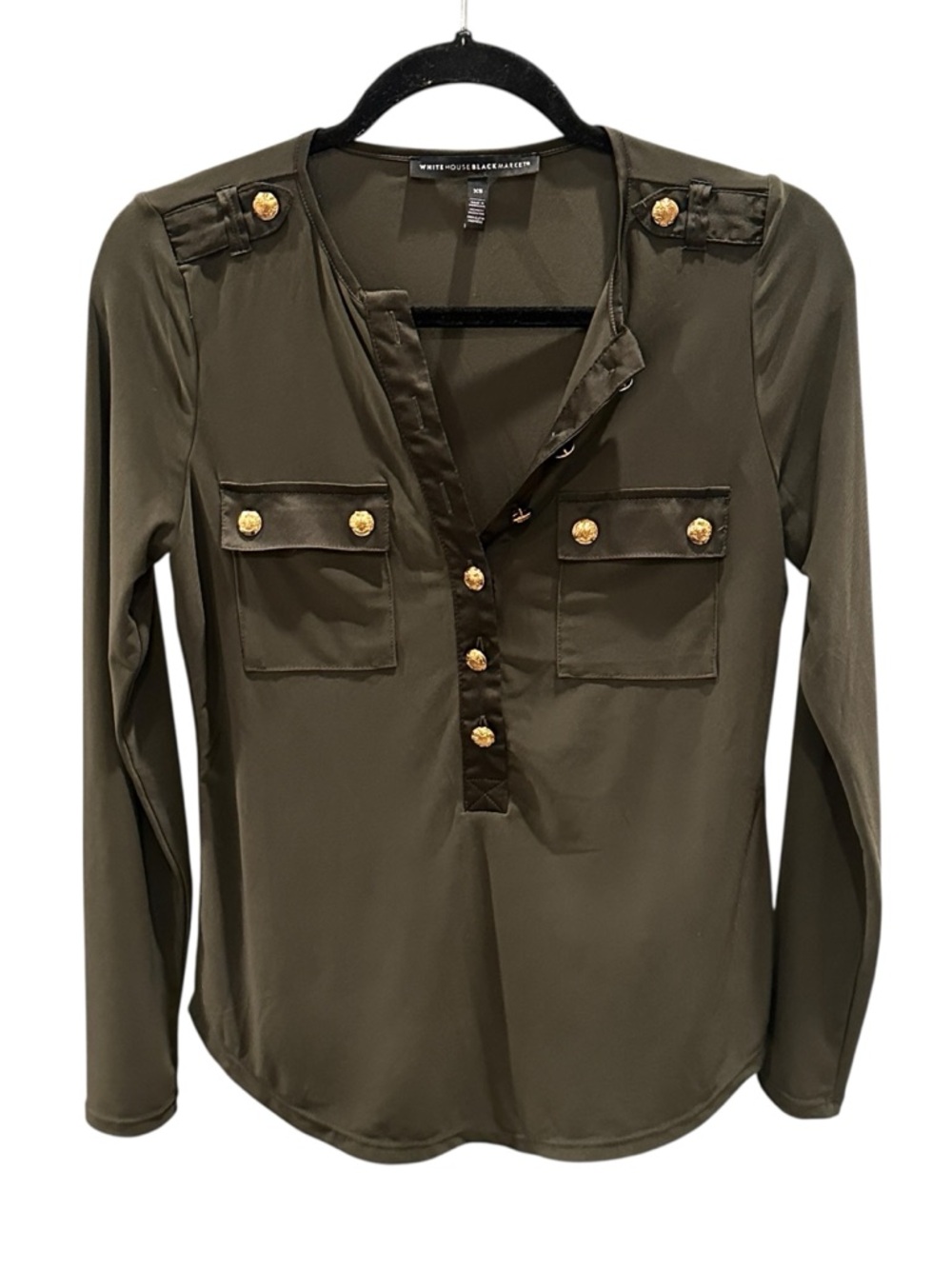 White House Black Market Olive Green Military-Style Blouse with Gold Buttons